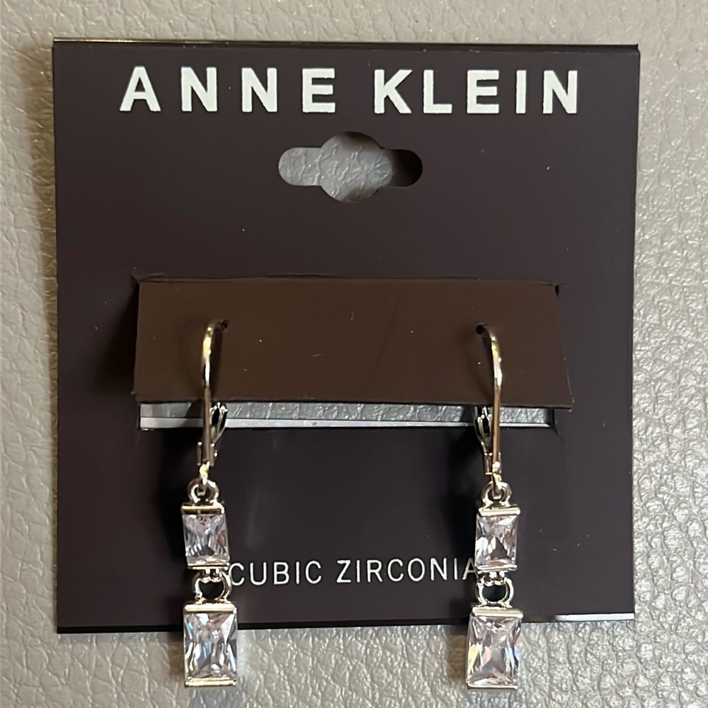 Anne Klein silver tone cubic zirconia  baguette double drop earrings.